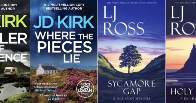 Four book covers from JD Kirk and LJ Ross. A Killer of Influence and Where the Pieces Lie (JD Kirk); and Sycamore Gap and Holy Island (LJ Ross).